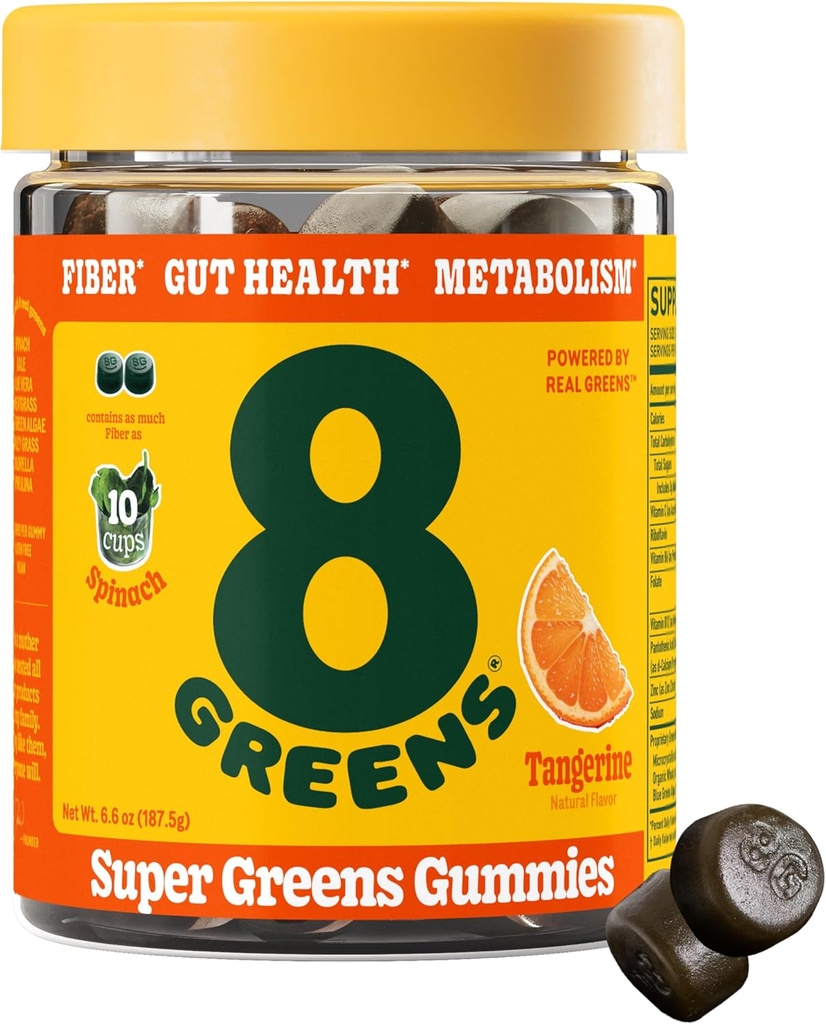8Greens Fiber Super Greens Gummies | Fiber, Gut Health, Metabolismo. Salute Digestiva, Boost Immune System & Digestive Health con 8 Verdi Reali - Formula Non OGM, Gomma, Tangerine Flavor, 50 Conte