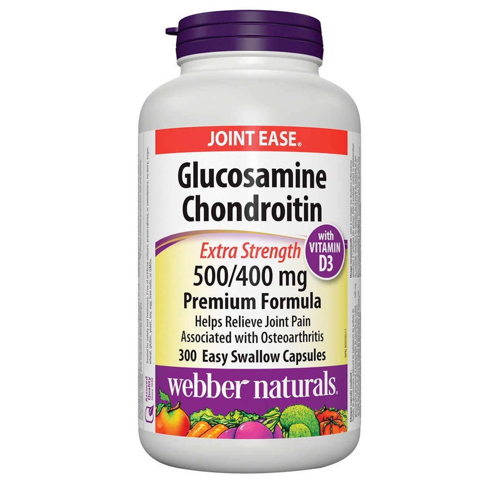 Webber Naturals Glucosamine Condroitina con vitamina D3, forza extra, 500/400 mg, Formula Premium, 300 Capsule di rondine facili