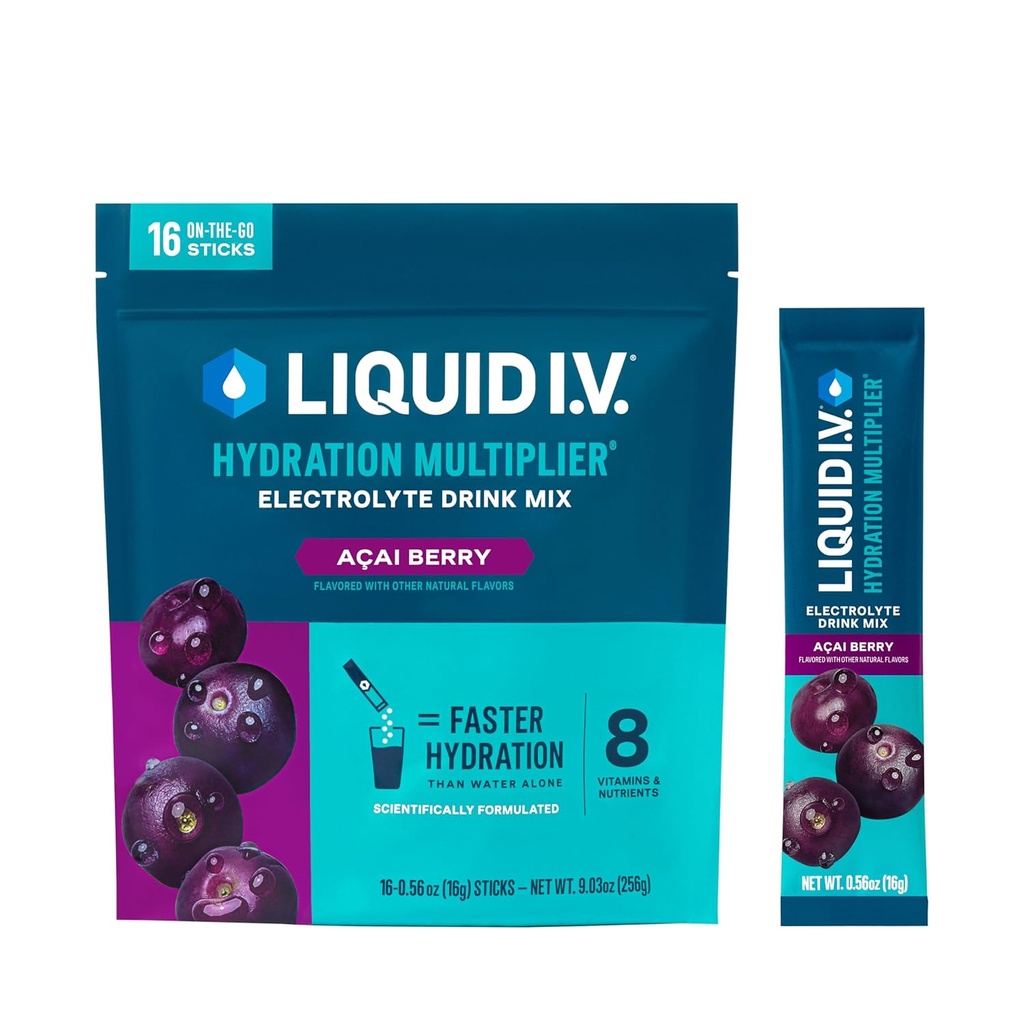 Liquid I.V.® Hydration Multiplier® - Açaí Berry - Idration Powder Packets | Electrolyte Powder Drink Mix | Convenient Single-Serving Sticks | Non-GMO | 16 Servings (Pacchetto di 12)