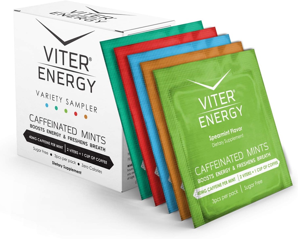Viter Energy Caffeinaated Mints 40mg Caffeina, B Vitamine, Sugar Free. (Variety, 3pcs, 5 Pack)