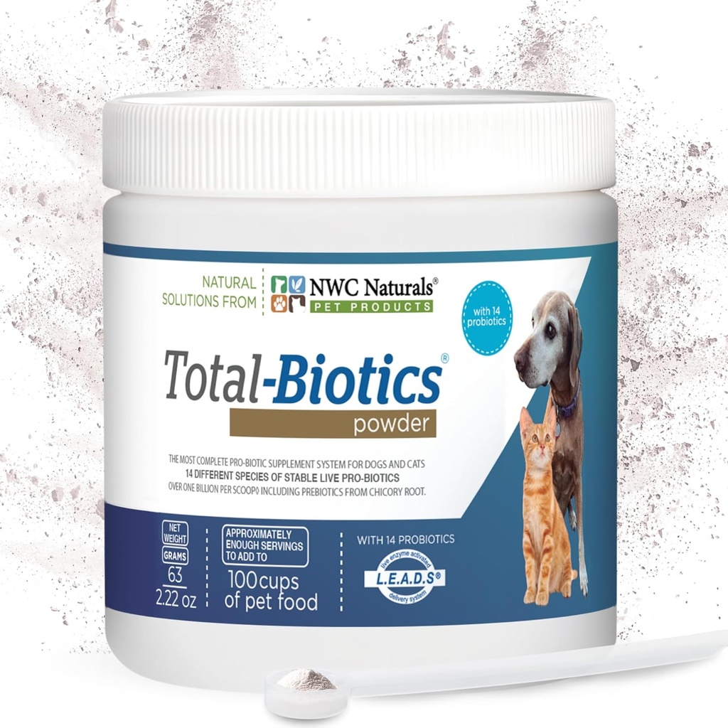 NWC Naturals Total-Biotics, Cat & Dog Probiotics for Digestive Health with Prebiotic, Unflavored Probiotics for Dogs & Cats, Supplemento per Gut, Skin, Coat, Stomach Relief, 100 Servings, 2.22 once