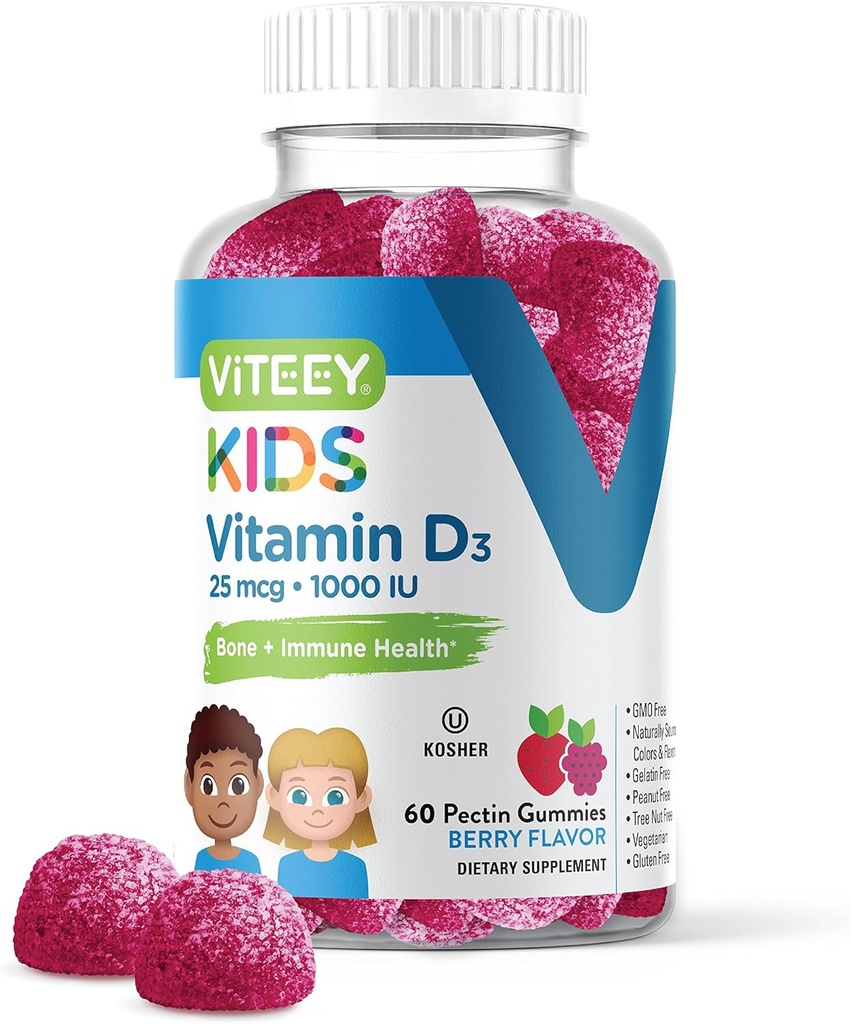 Viteey Vitamin D3 Kids Gummies 25mcg 1000 IU - Bone Health, Immune Health, Joint Muscle Support - Vegetariano, Gelatin Free, Gluten Free, OGM Free - Tasty Chewable Berry Flavored