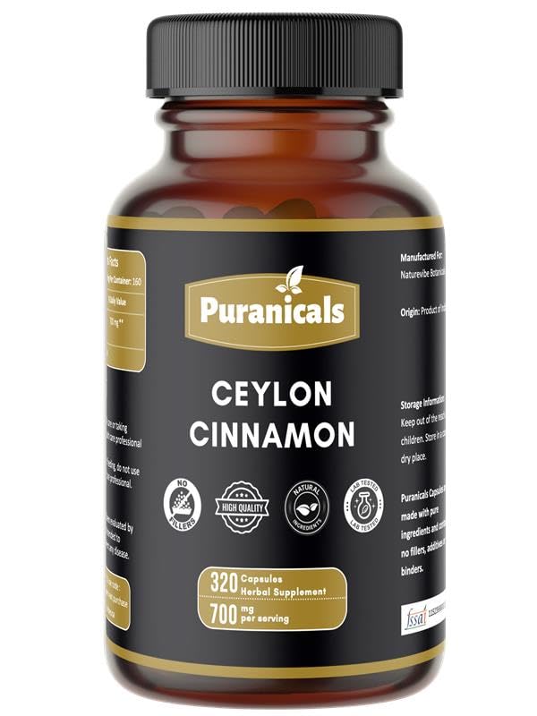 Ceylon Cinnamon Premium 320 Capsule Non OGM e Gluten Free | Integratore di erbe | 700 mg Per Serving | Realizzato con Polvere di cannella di Ceylon 100% Pure