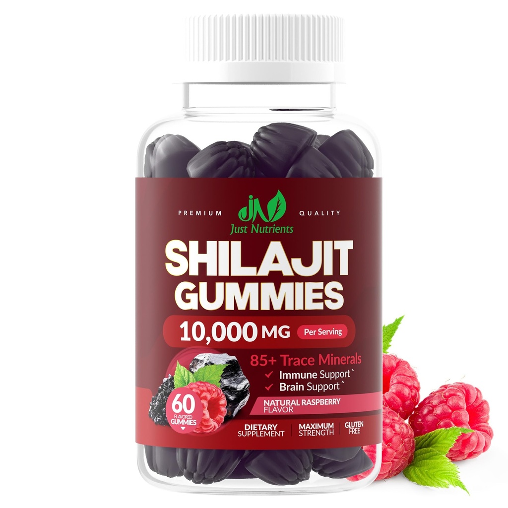 Shilajit Gummies 10.000mg per uomini e donne - Massima resistenza Pure Himalayan Shilajit, Senza glutine, Non OGM, 100% Vegetariano - Natural Raspberry Flavor - 60 Count