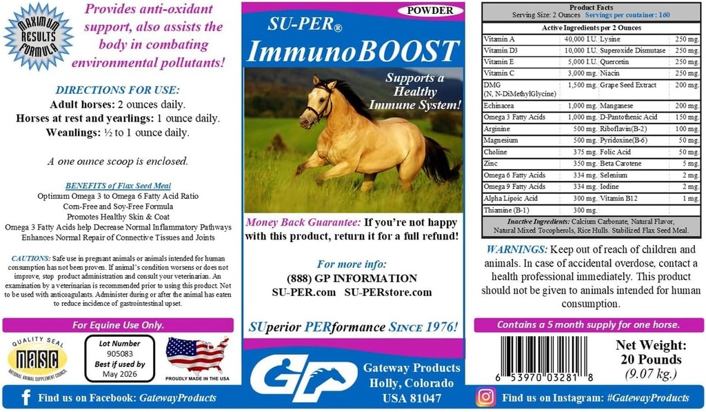 SU-PER ImmunoBOOST cavallo supplemento antiossidante - Supporta il sistema immunitario e le carenze nutrizionali - Vitamine E & C, Estratto di semi di Uva, Estratti di erbe - 20 sterline, 5 mesi di fornitura