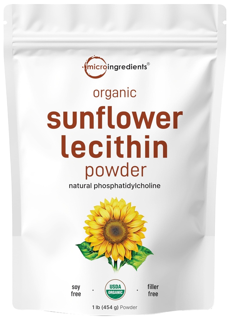 Micro Ingredienti Organic Sunflower Lecithin Powder, 1 Pound, Sustainable Farmed, Cold Pressed, Rich in Phosphatidyl Choline and Protein, Making Liposomal Vitamin C, Lactation Supplement, Non-OGM
