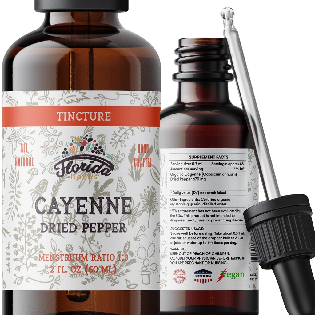 Estratto di tintura di Cayenne, Cayenne Organico (Capsicum annuum) Pepe secca - Glicerina vegetale - Non OGM - 2 oz