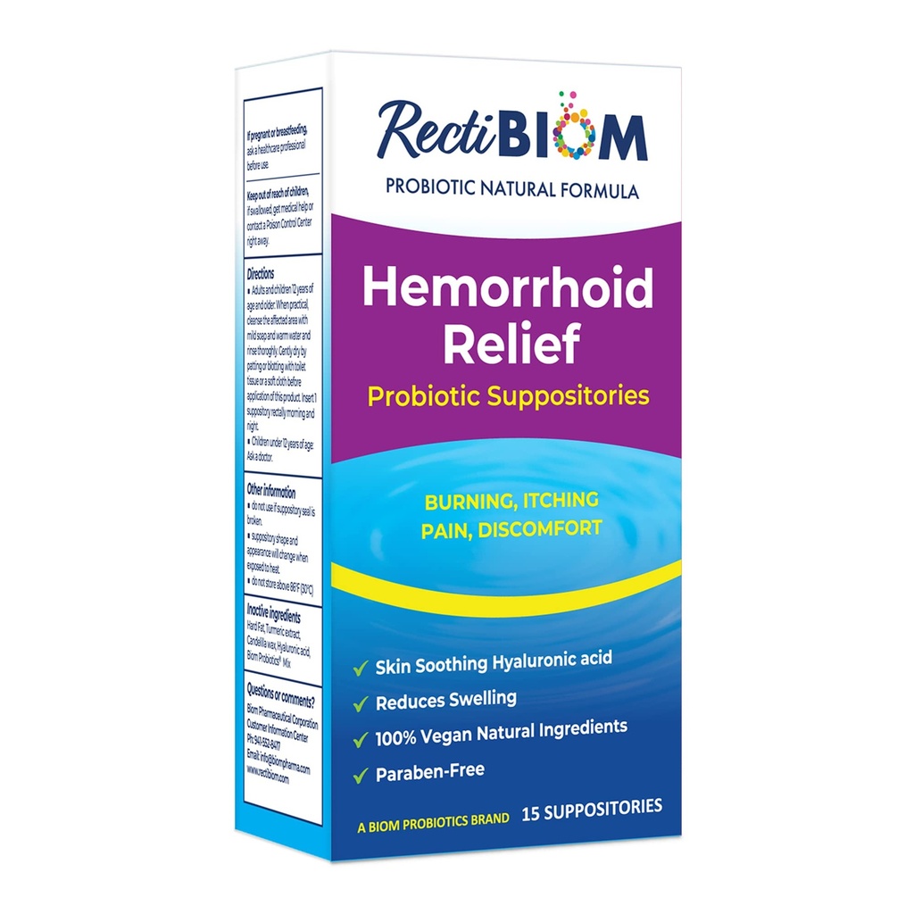 Relief emorroidi probiotici di RectiBiom con ingredienti naturali per lenire la pelle, rapido sollievo. Acido ialuronico e estratto currico, Vegan, Formulazione senza glutine