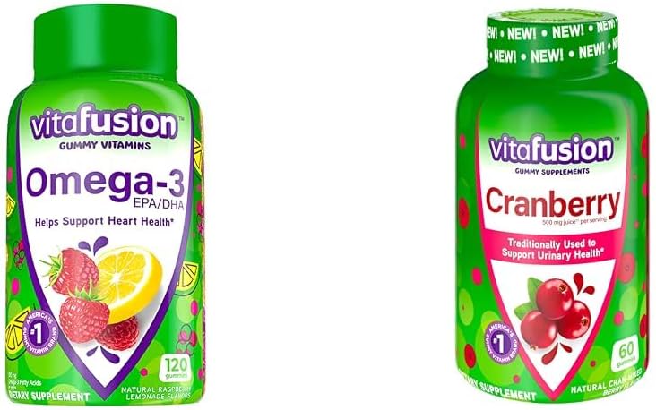 Vitafusion Omega-3 Salute Del Cuore Vitamine con Gummie di mirtillo per le donne, 120 Conte Omega 3 EPA/DHA Berry Limonata e 60 Conte 500mg Succo di mirtillo Concentrato per Serving