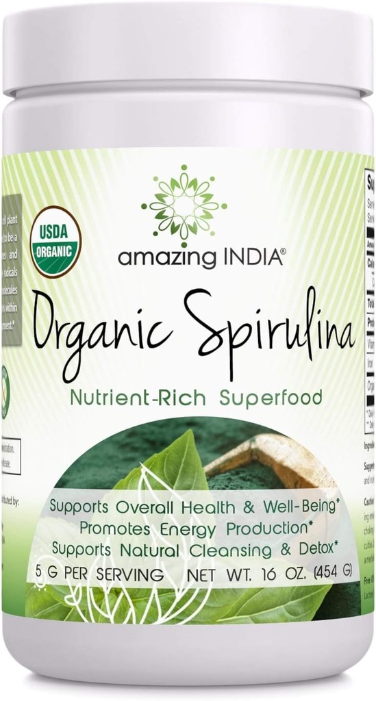 Sorprendente India Organic Spirulina Polvere (non OGM) 16 oz (454 gm) - Supporta la rigenerazione cellulare, la salute immunitaria, la disintossicazione e la salute generale*