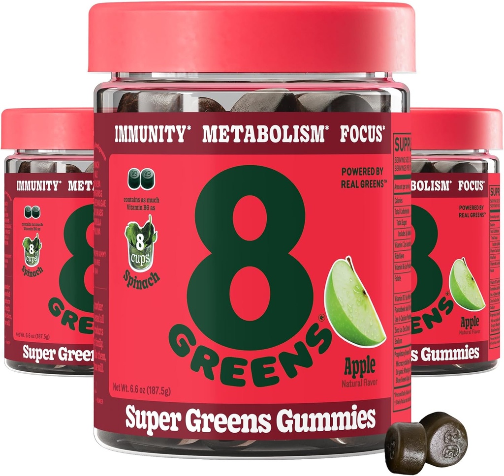 Gummie Supergreens | Super Greens Polvere Superfood Gummy per Metabolismo, Immunity & Focus, Enzimi Digestivi, Organic: Chlorella, Spirulina, Aloe Vera, Sapore di Mela, 150 Count