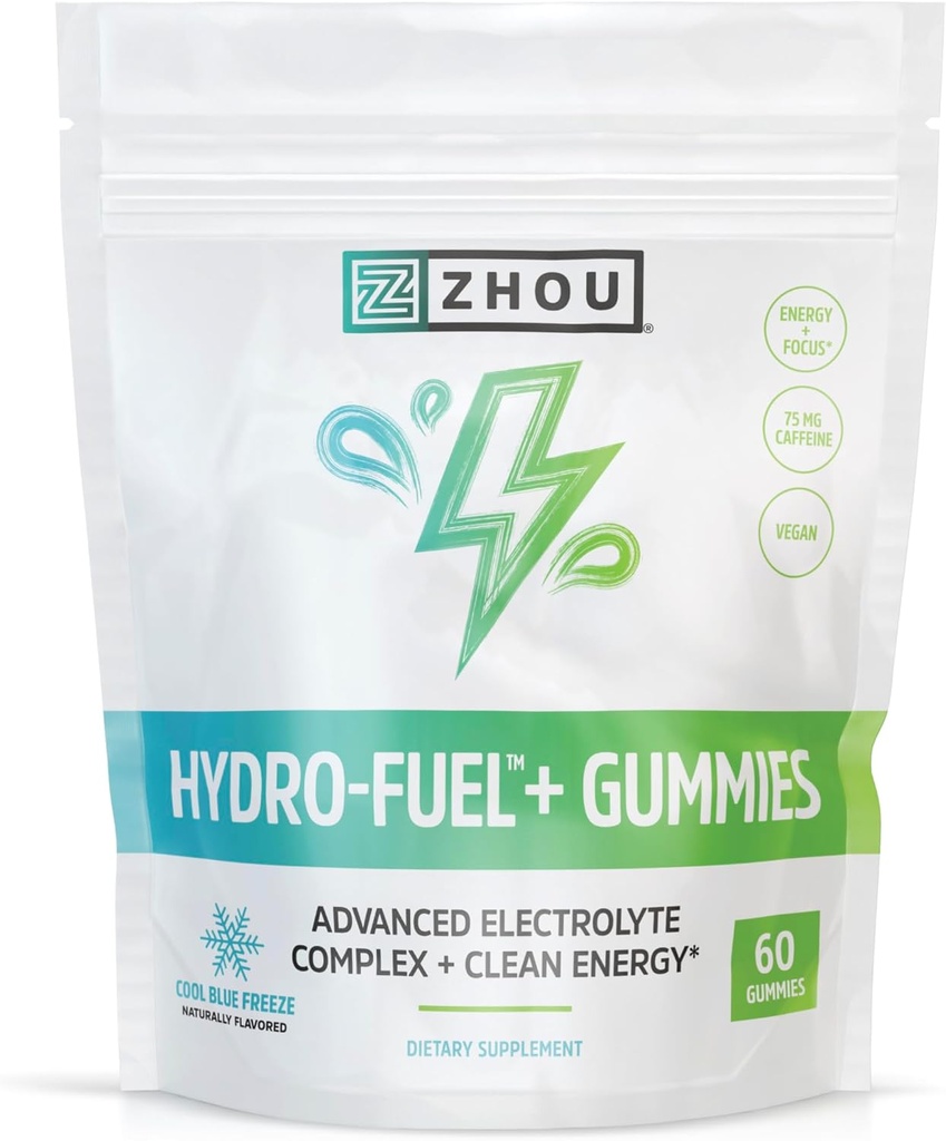 Zhou Nutrition Hydro-Fuel+ Gummies - Electrolyte Gummies for Hydration, Advanced Chews with Electrolytes Complex and 75 mg Caffeina for Clean Energy, Hydrating Supplement - 60 Vegan Chews