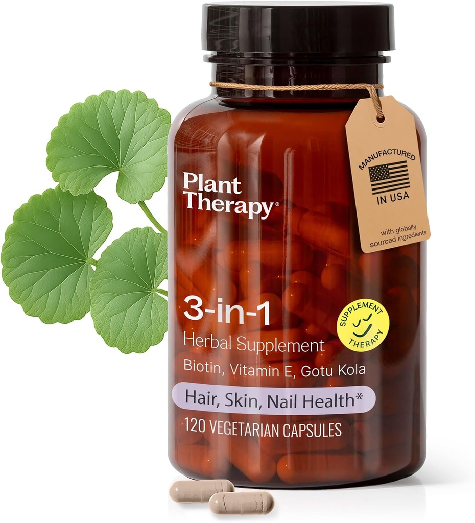 Terapia vegetale 3-in-1 Biotina capsule con vitamina E & Gotu Kola Prodotto negli Stati Uniti 4 mesi di alimentazione Supporta la pelle radente, la crescita dei capelli e forti integratori per le donne 120 capsule vegetariane