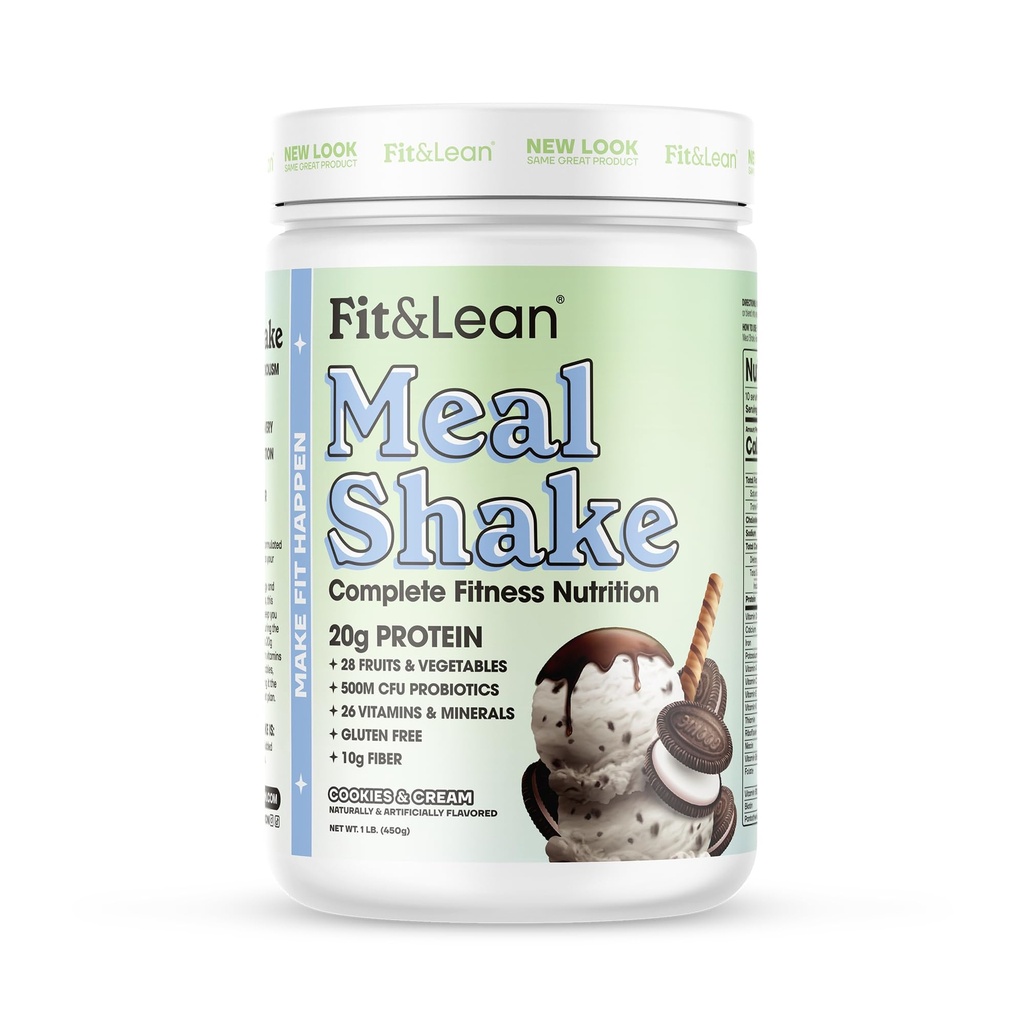 Fit & Lean Meal Shake, Fat Burning Meal Sostituzione, Meal Sostituzione con Proteine, Fibra, Probiotici e Frutta Organica & Verdura, Biscotti e Crema, 1lb, 10 Serve per Contenitore