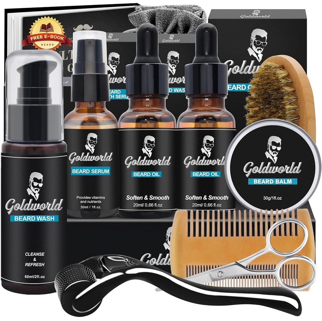 Kit per barba, Kit per ginocchiera w/Beard Wash/Shampoo, 2 confezioni Beard Oil,Beard Balm,Beard Wash,Brush,Comb,Scissor,Borsa da viaggio,E-Book,Beard Care&Trimming Kit