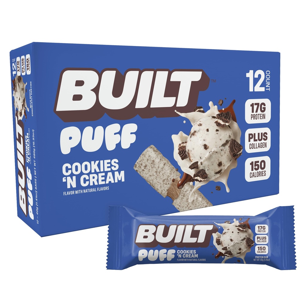 Bar costruito, Barre di proteine di Puff, Biscotti 'N Cream Puff, 17g Snack proteici, Barre On-The-Go, Solo 140 Calorie, 7g Zucchero, Collage, Non Gluten Free, 12 Conte