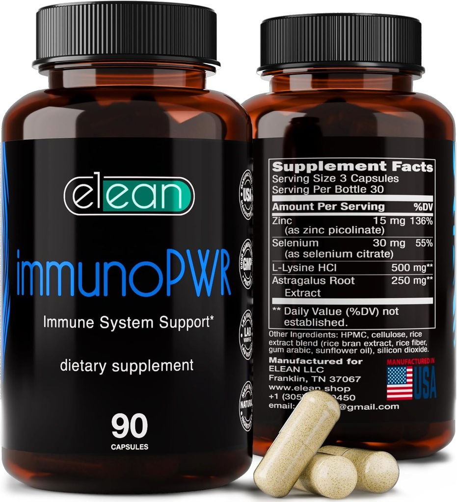 ELEAN Immuno PWR- arricchito con zinco, selenio, aminoacido lisina e estratto di radice di astragalo per la sintesi di collagene, salute tiroidea, supporto minerale, energia e salute immunitaria 90 capsule di veg.