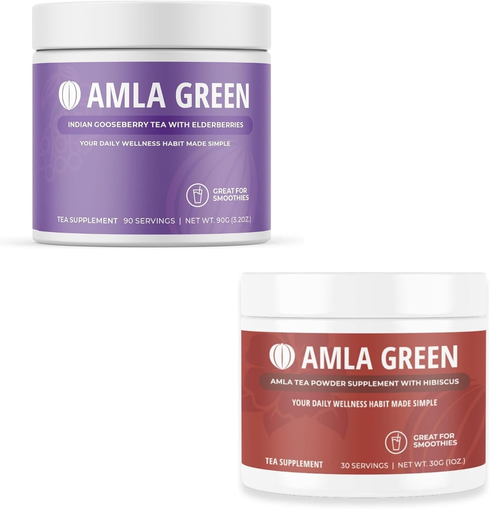 Amla Powder & Green Tea Superfood Supplemento, Antiossidante Supporto, Realizzato con Elderberries (90 Serve) & Hibiscus (30 Serve), Organico, Vegan