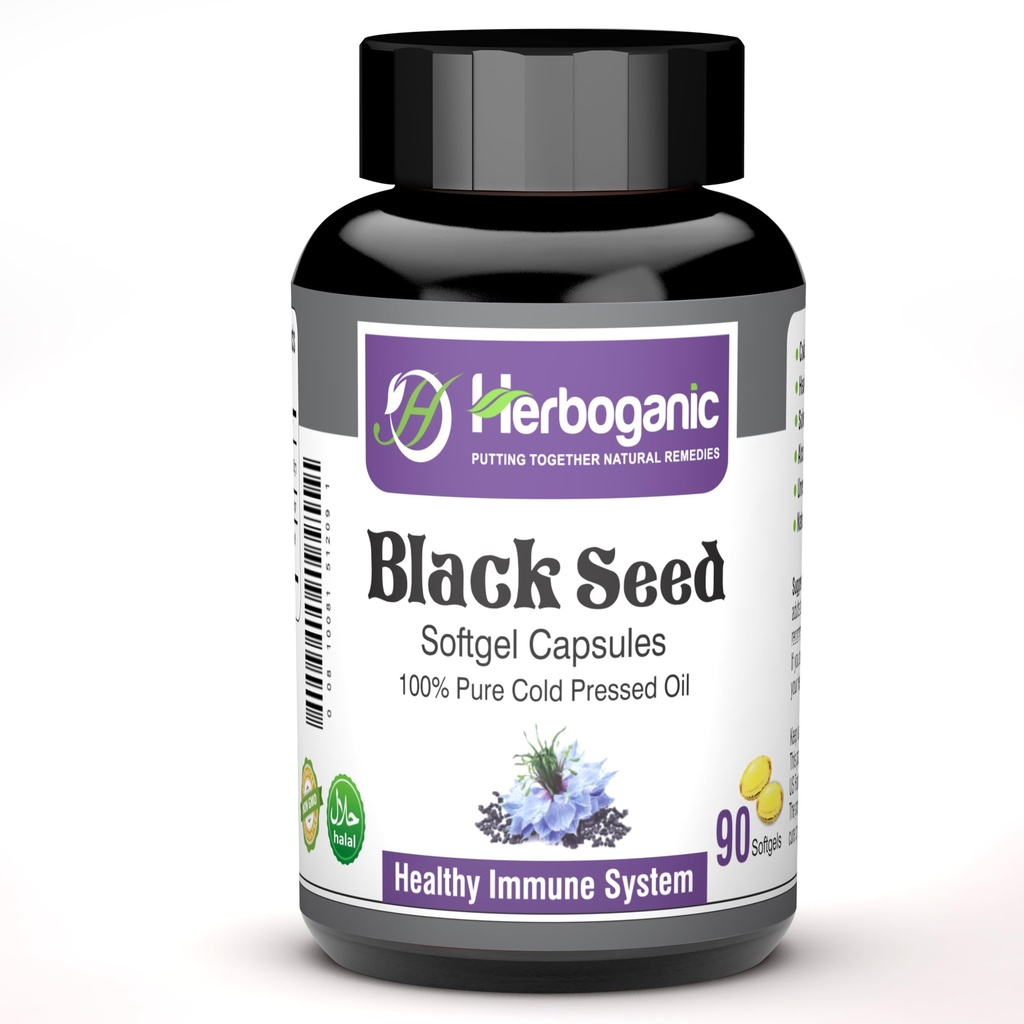 HERBOGANIC a freddo pressato nero/olio di semi Softgels Capsule - 90 Conte - Blended con altri prodotti naturali-Supporti Salute generale welness e Immunity (Black-Seed)
