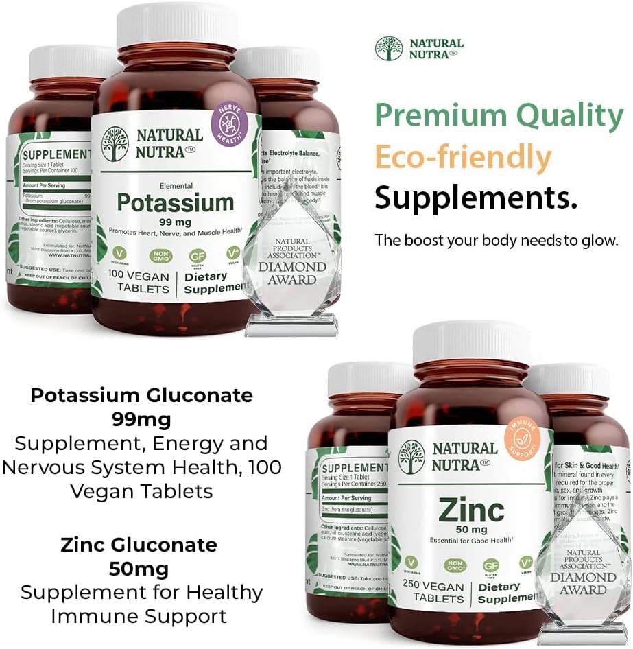 Gluconato naturale Nutra Potassium 99 mg e Zinc Gluconate 50 mg Integratori Aiuta a mantenere il livello di immunità e di energia, senza glutine, essenziale per la buona salute.