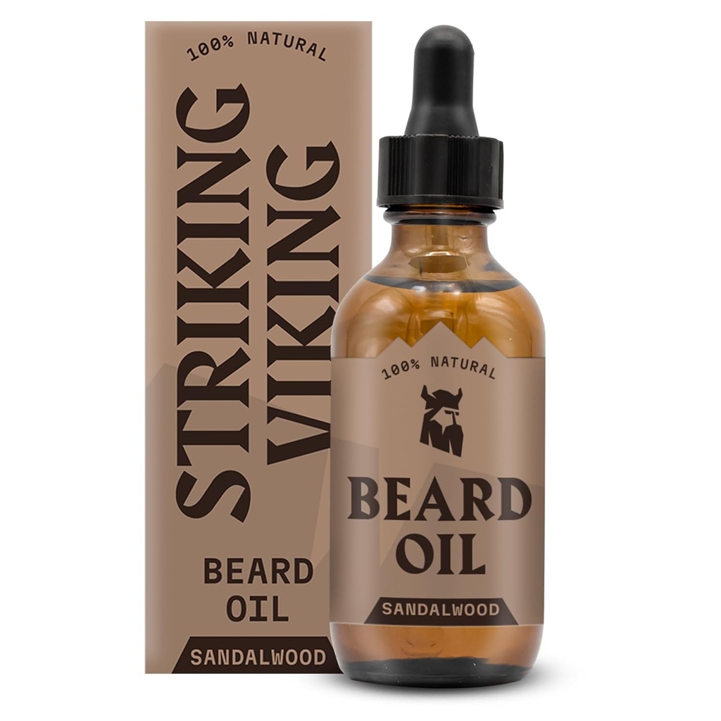 Striking Viking Sandalwood Beard olio per gli uomini - 2 Fl Oz, Sandalwood Scent - Natural Hydrating & Softening Beard Cura con Argan, Jojoba, Mandorla & Tea Tree - Formula non grassa, veloce assorbente