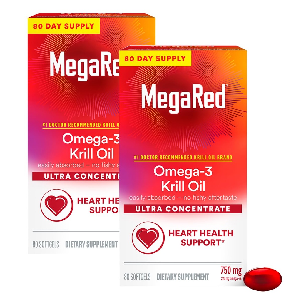 MegaRed Ultra Concentrato 750mg Omega-3 Krill olio Fatty Supplemento con EPA/DHA, Antiossidante Astaxantina, No Fish Oil Aftertaste Supporta la salute del cuore, 80 Conte Softgels (2 Pack)