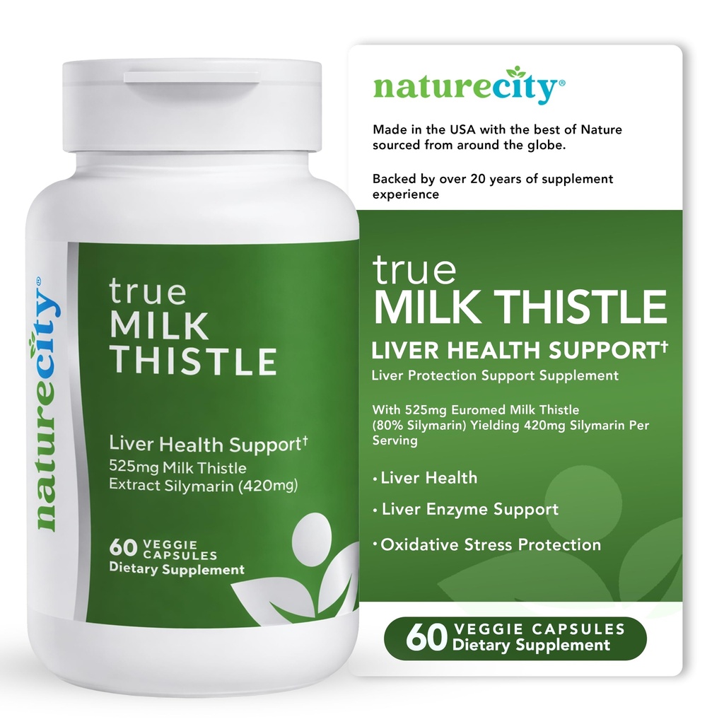 NatureCity TrueMilkThistle | Milk Thistle Supplement 525mg | Milk Thistle (80% silymarin) contenente 420mg di Silymarin | Antiossidante Support | Liver Support Supplemento | 60 capsule vegetali