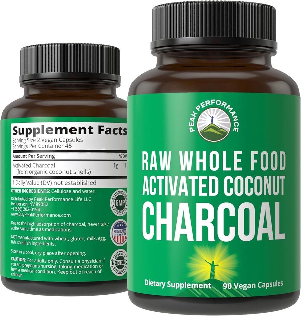 Peak Performance Attivato Charcoal Vegan Capsule da Wild Harvested Coconut Shells. Migliori pillole di carbone sicuro supplemento per Detox, Rilievo di gas, Bloating. per uomini e donne 90 Tutte le compresse naturali