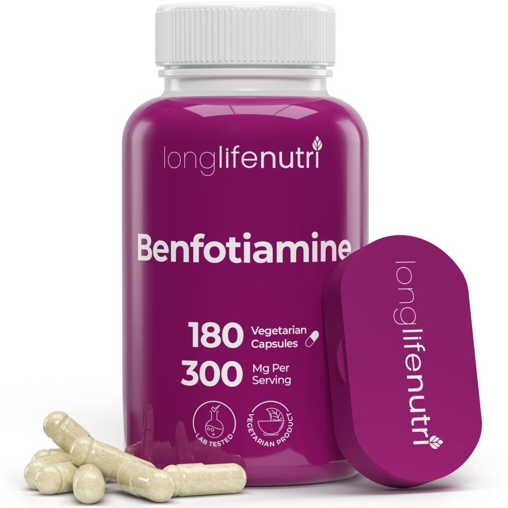 LongLifeNutri Benfotiamine 300mg – 180 capsule vegetariane, 6-mese di alimentazione, grasso-solubile B1 Thiamine supplemento per energia e benessere, laboratorio testato, fatto in USA