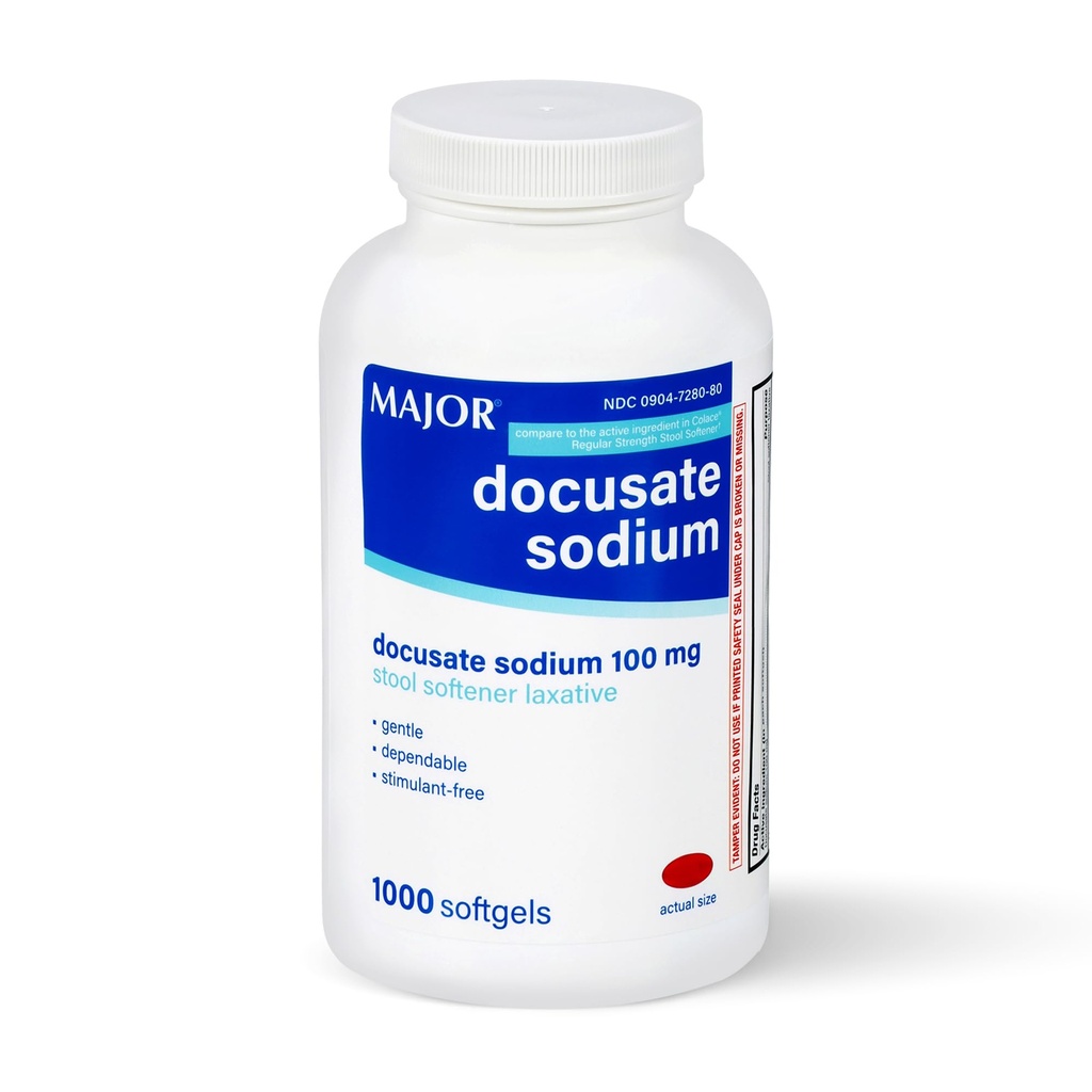 MAJOR Docusate Sodium 100mg, Sgabello Softener Lassativo per il sollievo di costipazione occasionale - Gentle, Dipendente, Stimolant-Free, 1000 Softgels