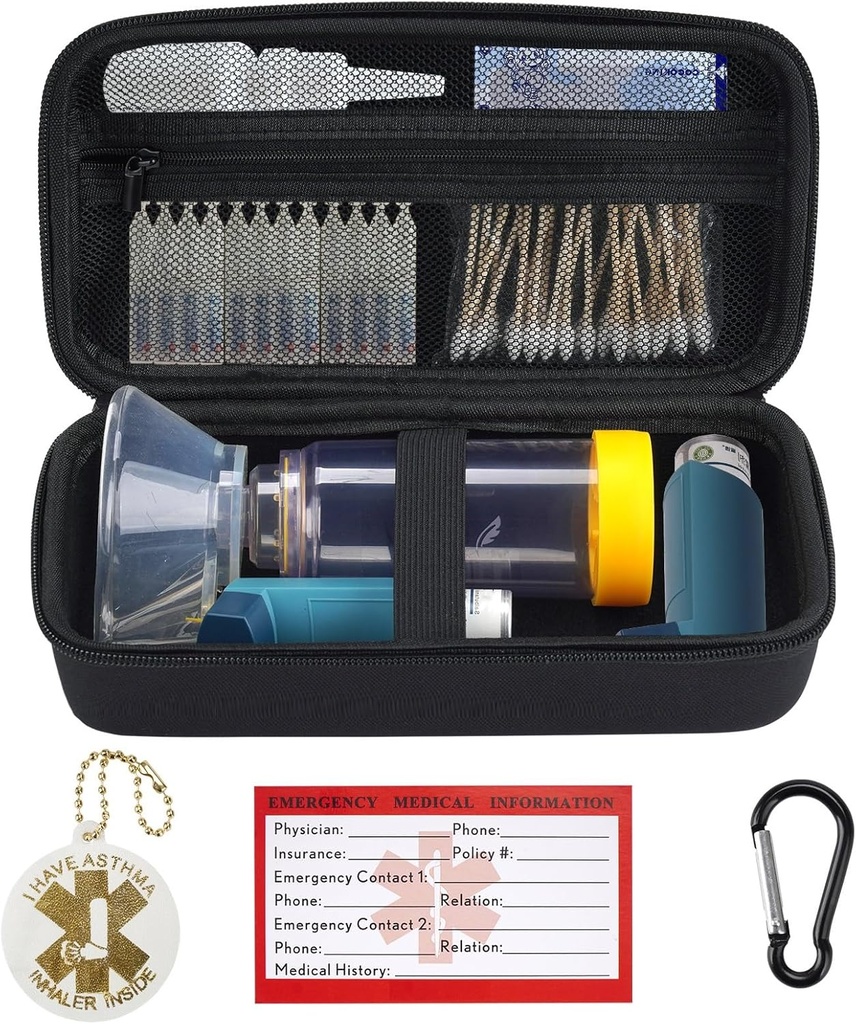YouKnow Travel Carrying Case for Asthma Inhaler, Inhaler Spacer for Adults and Children, Mask, Inhaler Holder with Asthma Warning Label and Medical Card, with Carabiner (Solo in contanti) (nero)