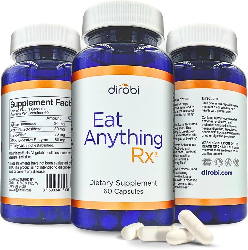 Dirobi Mangia tutto Xylose Isomerase Fructose Malabsorption Enzymes, FODMAP Supplement, Enzimi Digestivi per Lattosio Migliore, Grasso, Proteine & Carboidrate Digestione Gas & Bloating Relief 60 capsule