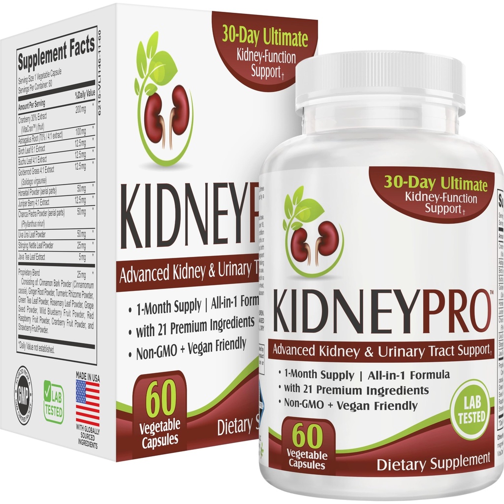 Kidney-PRO con 21 supplementi di salute del rene | Formula All-in-1 | Supplemento di reni e tratto urinario | Supporto giornaliero di pulizia e disintossicazione | Alimentazione di 1 mese | 60 capsule