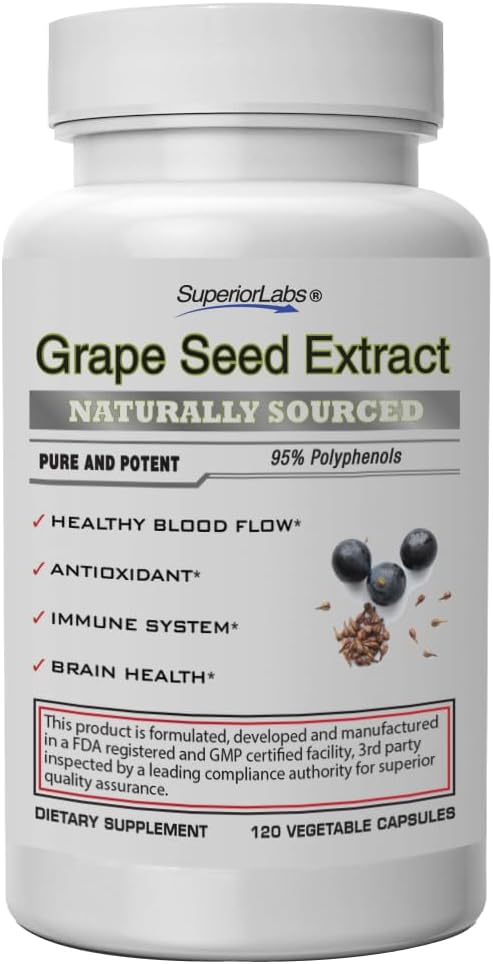 Estratto di semi d'uva, 400mg, 120 capsule vegetali, 95% polifenoli, alto contenuto antiossidante, flusso sanguigno sano, supporta il sistema immunitario e la salute del cervello