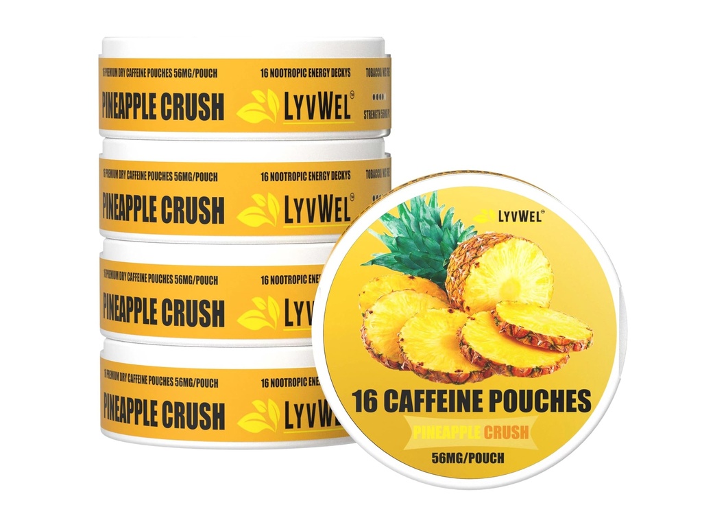 LyvWel 56mg Caffeine Energy Pouches – Ananas – Clean Energy & Focus Boost con Guarana – 5-Pack con 16 Pouches Per Can (80 Total Pouches)