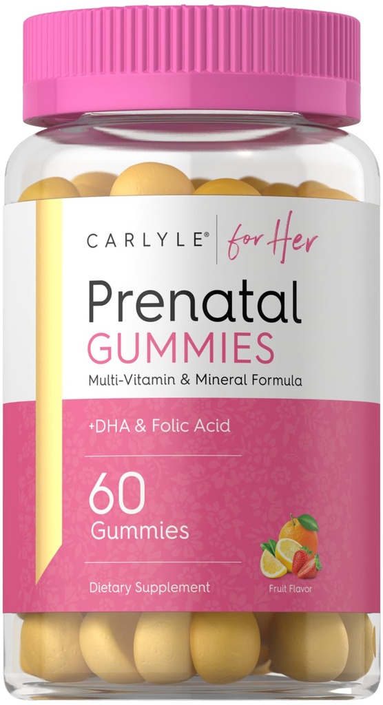 Gummie prenatali per le donne | con acido DHA & Folic | 60 conte | Frutta aroma | Non OGM, Gluten Supplemento gratuito | per lei