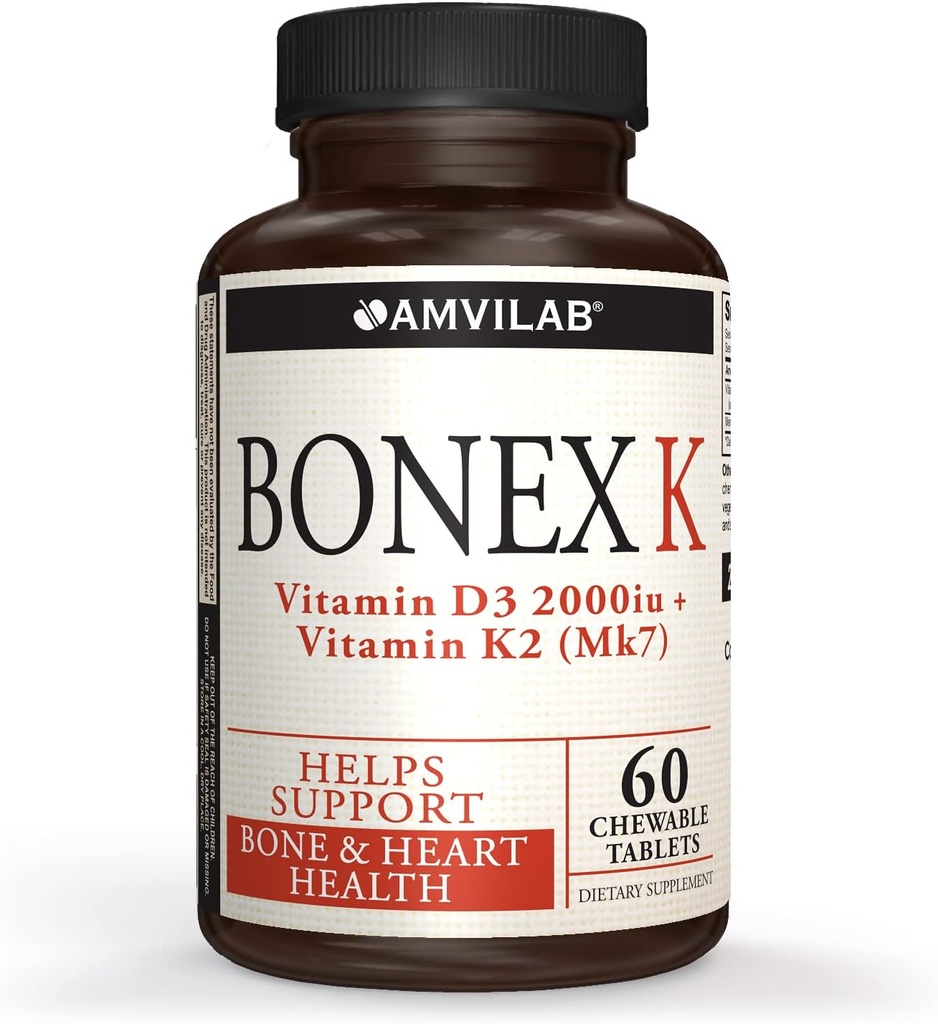 Bonex K Supplement|Vitamin D & K Complex|Supports Heart, Bones & Teeth Health|2000IU Vitamin D3 & 75mcg Vitamina K2|Non-GMO|Small & Easy to Swallow|60 Day Supply Chewable Tablets