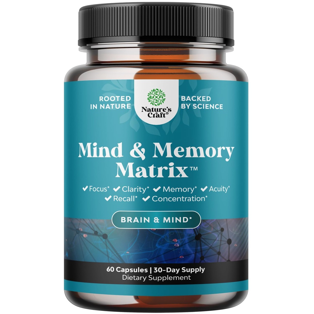 Integratore del cervello nootropico per il miglioramento della memoria e della messa a fuoco - Vitamine per la salute mentale e la chiarezza con VIT A, B6, Riboflavin, Niacin, Thiamin & Folate - Complesso cognitivo per la vitalità mentale - 60 Ct