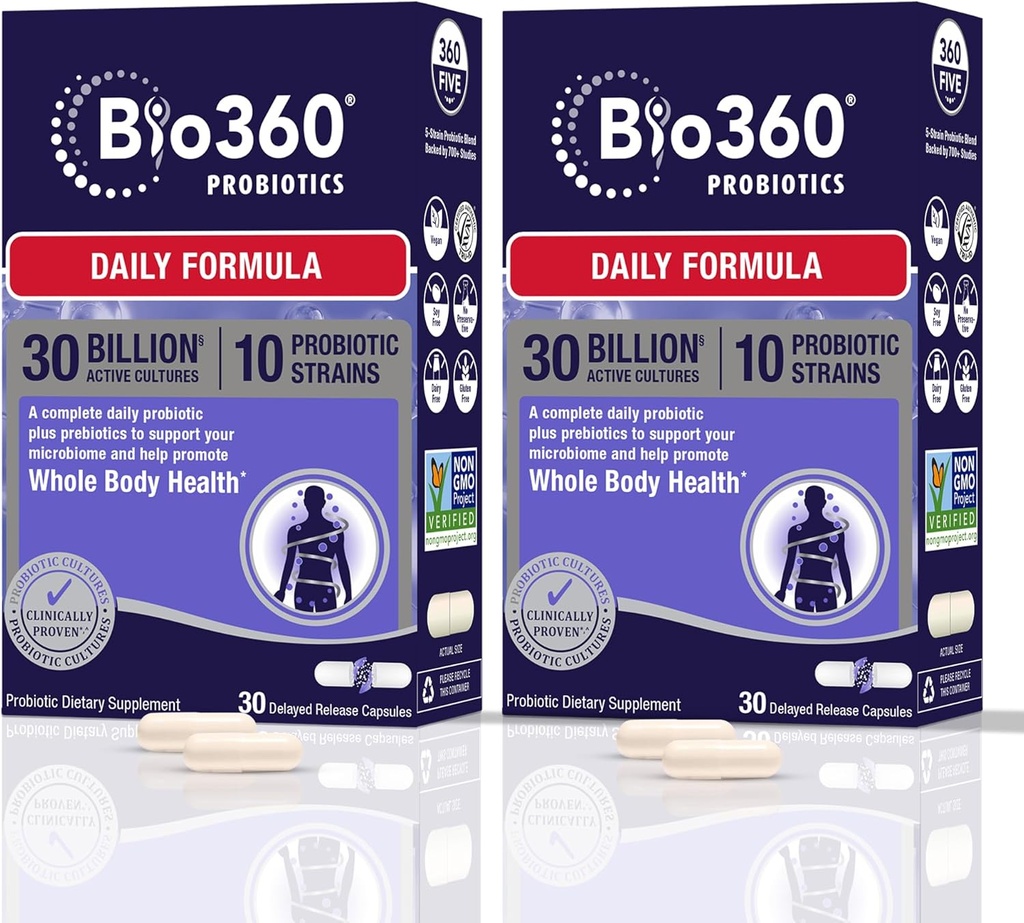 Bio360 Integratore Probiotico Adulto Giornaliero per Donne & Uomini, 30 miliardi di CFU, 10 Strains, Fibre Prebiotiche Organiche, Salute Digestiva & Immune, Costipazione Occasionale, Diarrea & Bloating, 30CT (2 Confezione)