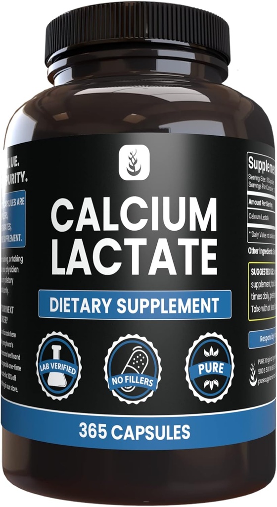 Ingredienti originali puri Lattato di calcio (365 capsule) Nessun filler di magnesio o di riso, sempre puro, verificato il laboratorio