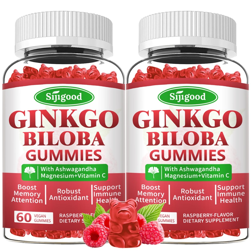 2 Confezione Ginkgo Biloba Gummies con Panax Ginseng e Magnesio, Ginkgo Biloba Integratori per Focus, Memoria e Salute del cervello per adulti e bambini, Vegan Raspberry Flavor Gummies, 120 Conte