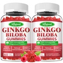2 Confezione Ginkgo Biloba Gummies con Panax Ginseng e Magnesio, Ginkgo Biloba Integratori per Focus, Memoria e Salute del cervello per adulti e bambini, Vegan Raspberry Flavor Gummies, 120 Conte