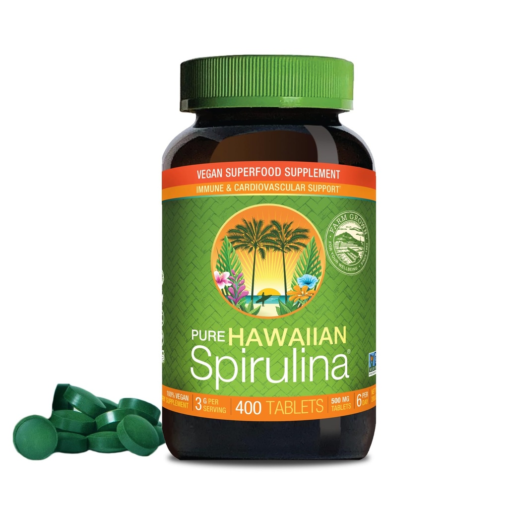 Nutrex Hawaii, Pure Hawaiian Spirulina 500 mg, Vegan, Supporta sistema immunitario, Cuore, Celle ed Energia, 400 compresse