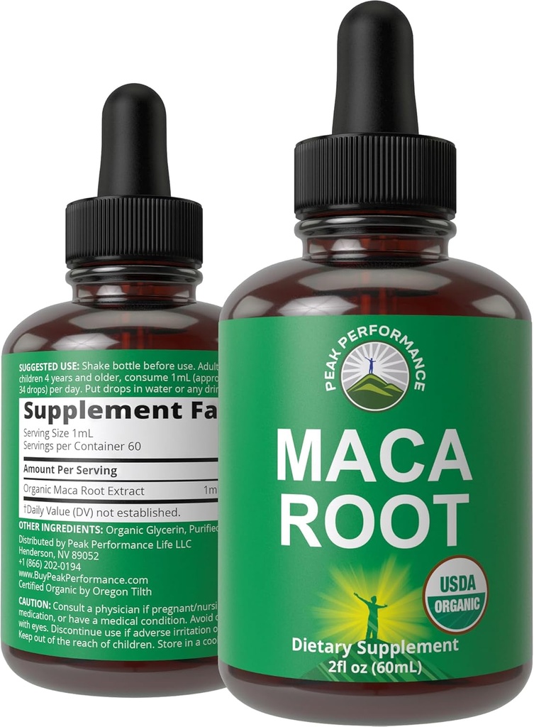Maca Root Liquid Drops. USDA Organic Vegan Extract Supplemento per le donne e gli uomini. Maca For Energy, Endurance e Mood Support. Zucchero Zero, senza glutine, senza capsule