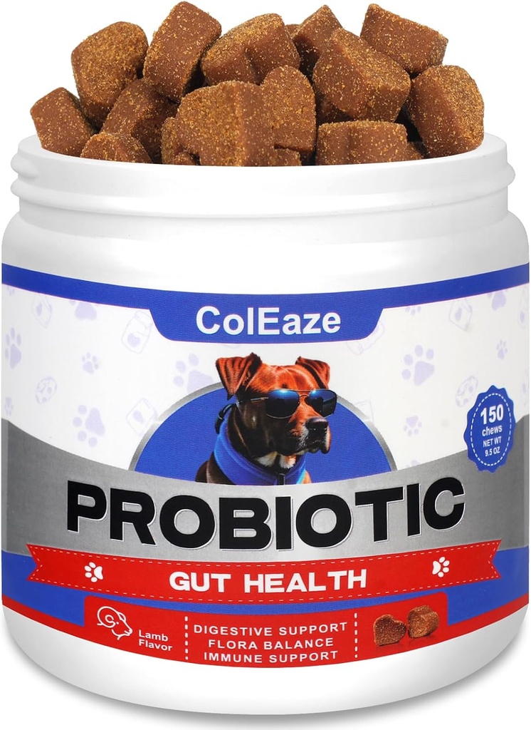 Probiotici per cani, 150 Chews Dog Probiotics per la salute digestiva, Probiotici per cani Chews con 6 enzimi digestivi per la salute del fegato, diarrea, pelle di prurito e immunità delle orecchie di prurito - Agnello Flavor