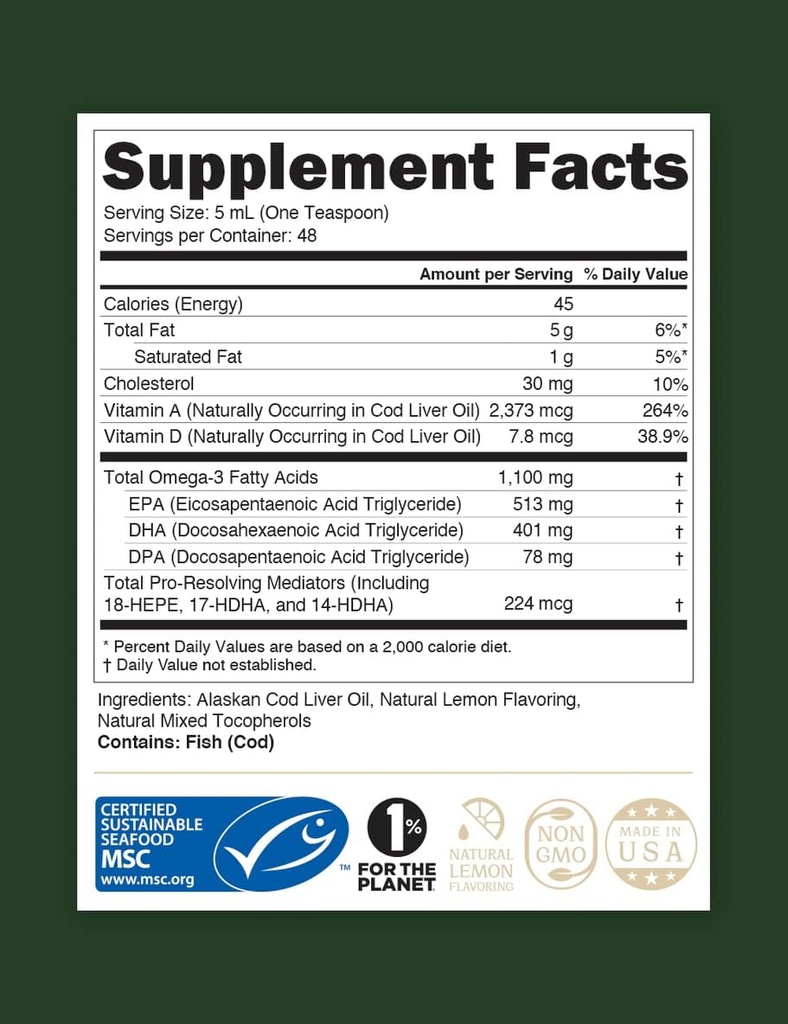 STEWARD - Wild-Caught Alaskan Liquid Cod Liver Oil 8 oz. | EPA di Omega-3, DHA, DPA e SPMs + Vitamine naturali A & D