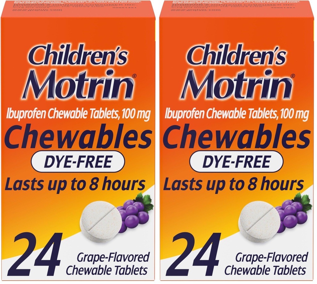 Motrin bambini Dye-Free Ibuprofen Chewable Tablets for Pain & Fever, Uva, 24 conte (Pacchetto di 2)