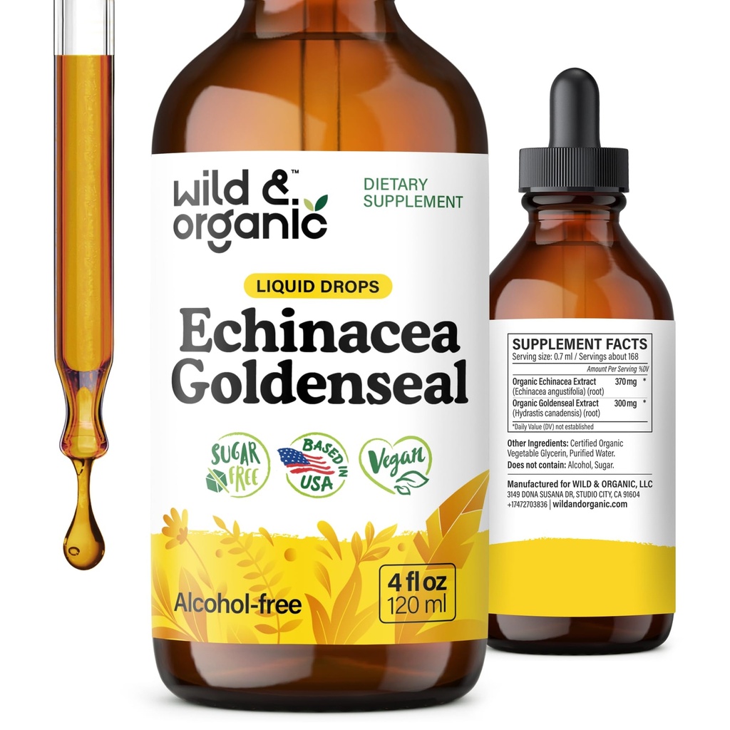 Wild & Organic Echinacea Goldenseal Tincture - Supporto Immune Gocce con Echinacea e Goldenseal Root Extract - Vegan, Sugar & Alcohol-Free Liquid Supplement - 4 fl oz