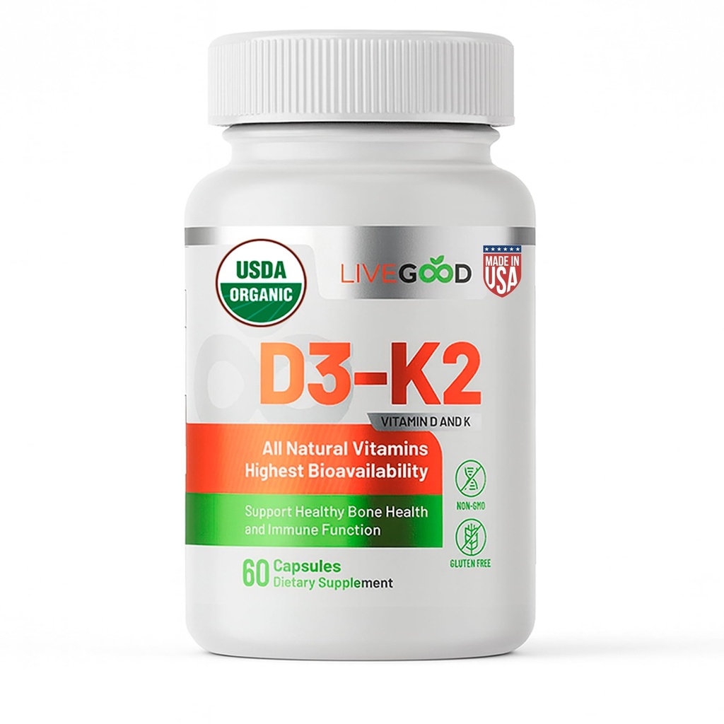LIVEGOOD Organic D3 K2 Supplemento 2000 IU, Vegan Capsule con MK-7, Pure Vitamin D3 con K2 per Immune, e Bone Support Made in USA Organic D3 K2 Formula (60 Count)