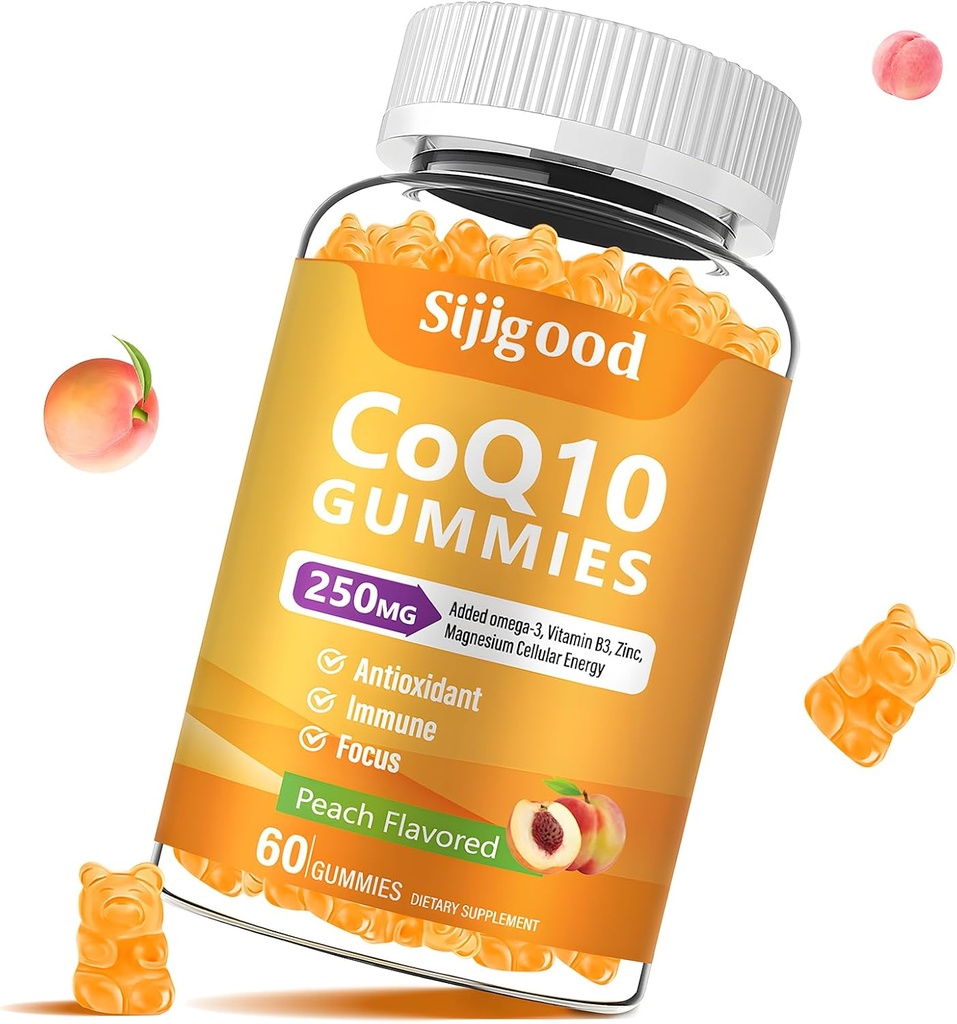 Zucchero CoQ10 Gummies, Plus Omega-3, Vitamina B3 e Zinco, Magnesio, 5X Alto assorbimento Coenzima Q10 Integratori, q10 Boost Cellular Energy, Potente Antiossidante & Cervello, Peach Flavor, 60 Ct